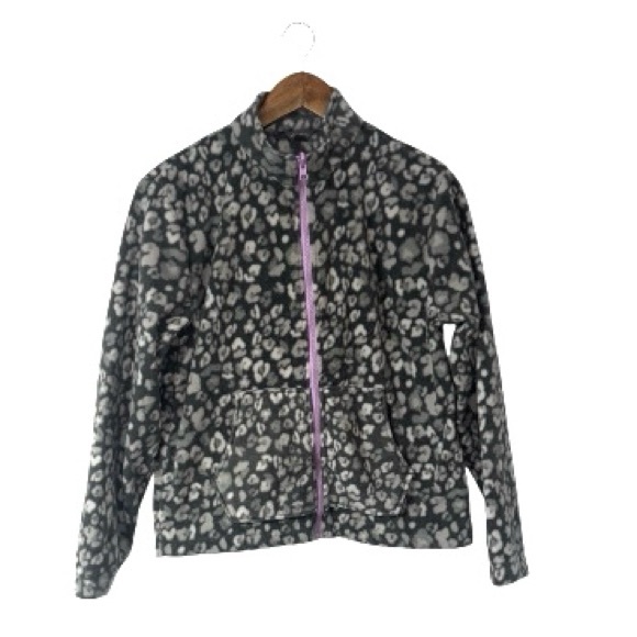 Eddie Bauer Girls Fleece Zipper Sweatshirt Grey Leopard Purple School Size 14/16 - Picture 1 of 5